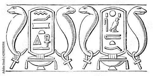 Mural Frieze-like Decoration, the Temple of Esneh, vintage engraving.