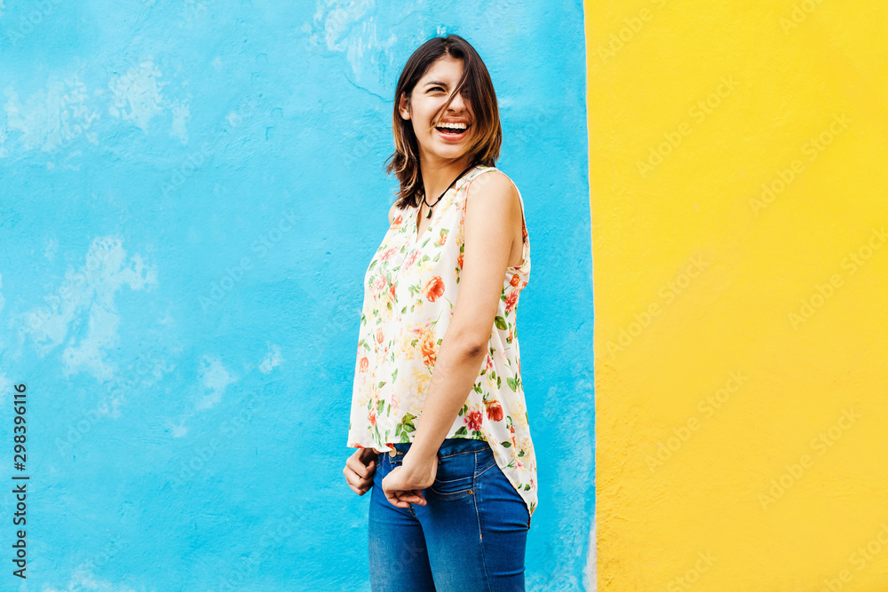 Portrait of Mexican latin woman, young happy girl in Mexico Hispanic Female - obrazy, fototapety, plakaty 