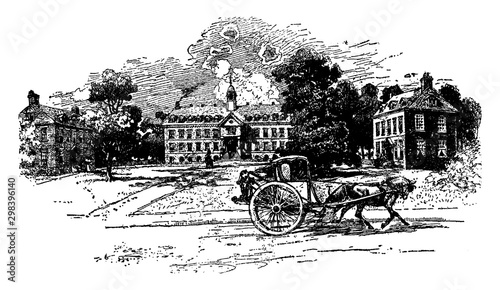 William and Mary College (1723) or College of William and Mary, vintage engraving.