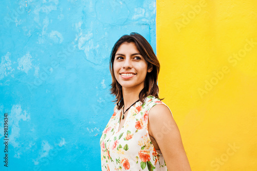 Portrait of Mexican latin woman, young happy girl in Mexico Hispanic Female