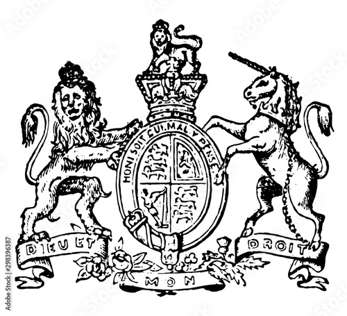Great Britain Coat of Arms have lion and unicorn, vintage engraving.