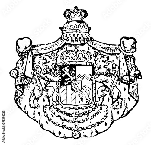 Bavarian Coat of Arms, 15th century were used and increasing,  vintage engraving.