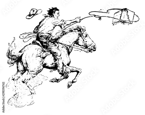 Man Lassoing Book, riding,  vintage engraving.