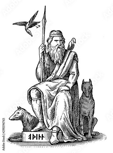 Woden or Odin, Germanic and Norse God, Seated with His Wolves and Crows vintage illustration.