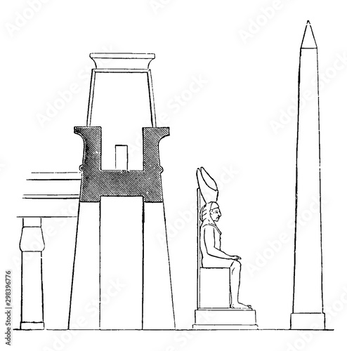 Pylon at the Palace at Luxor, Profile with Colossal Statue and Obelisk,  vintage engraving.