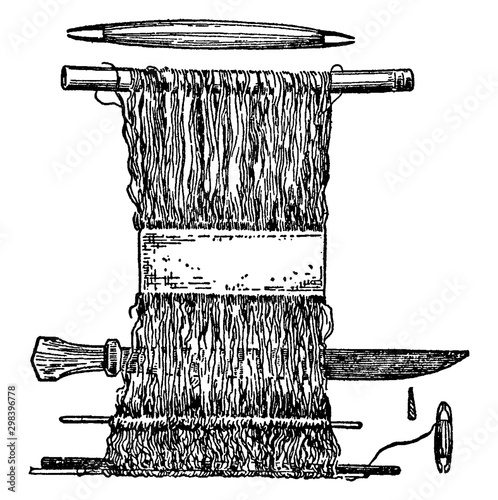Hand Loom is  earliest looms were vertical warp-weighted looms, vintage engraving.
