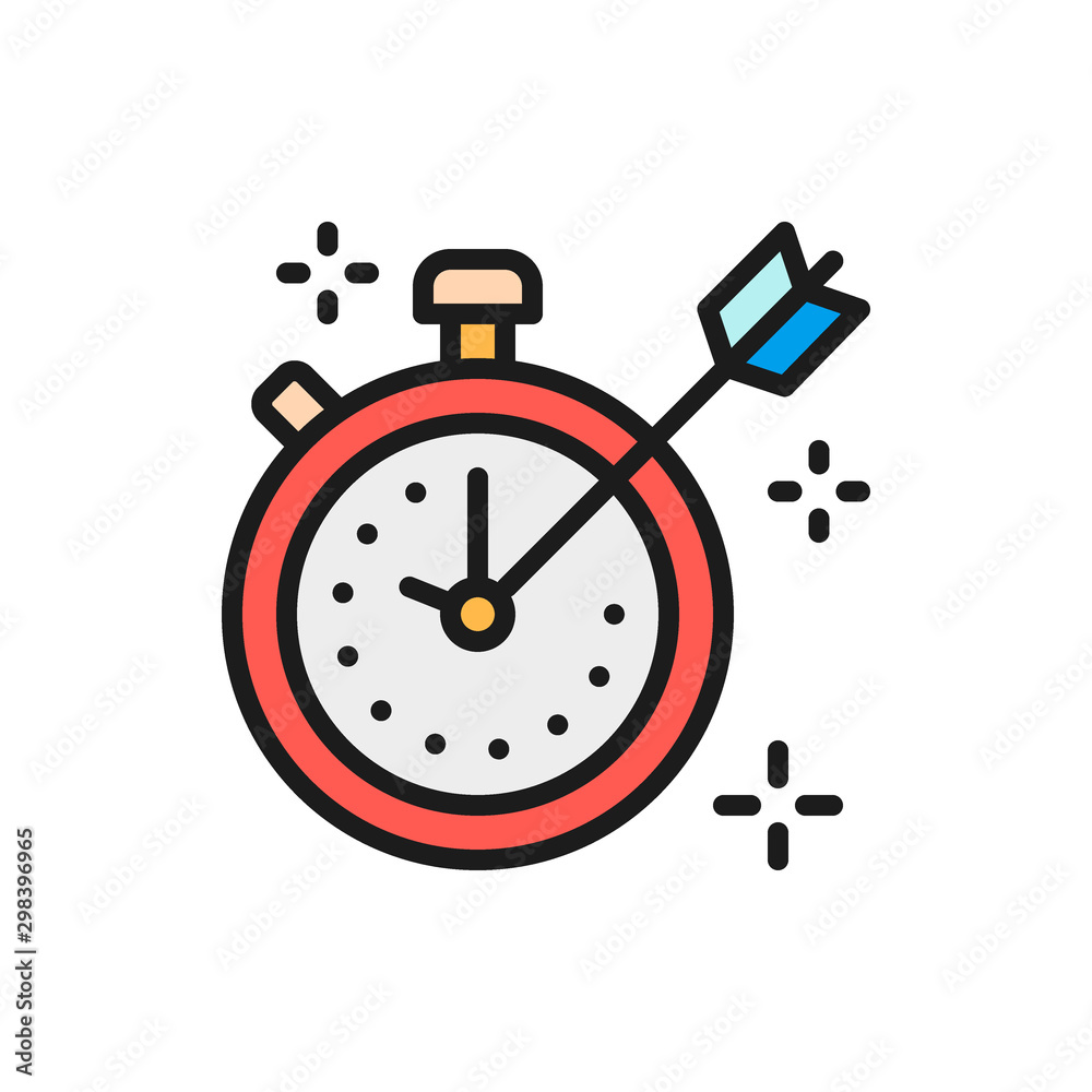 Stopwatch with marks and arrow flat color icon. Stopwatch with marks and arrow flat color icon.