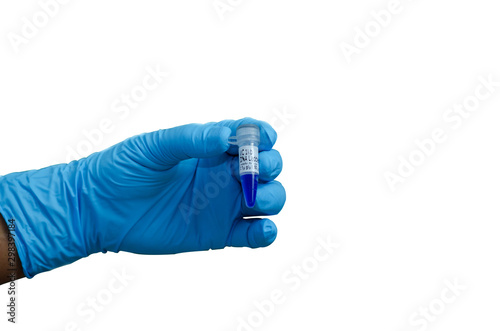 scientist hand holding DNA ladder tube with blue latex glove isolated on white background