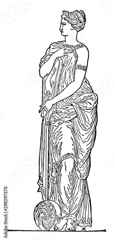 Nymph Sculpture is in Greek mythology, vintage engraving.
