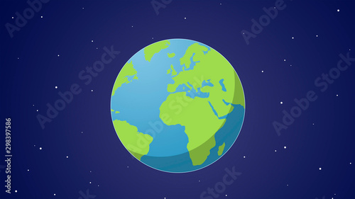 Earth planet green and blue with cartoon style illustration in flat design with center in Europe and Africa