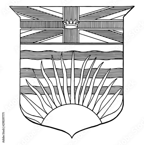 British Columbia Coat of Arms, lion upon the imperial crown,  vintage engraving.