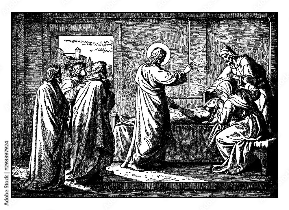 Jesus Resurrects the Daughter of Jairus, Ruler of the Synagogue vintage illustration. Stock
