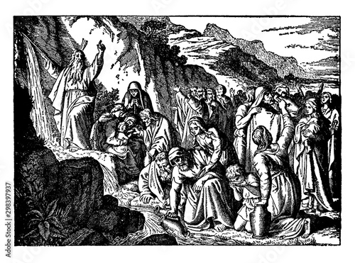 Moses Strikes the Rock and Water Flows in the Desert vintage illustration.
