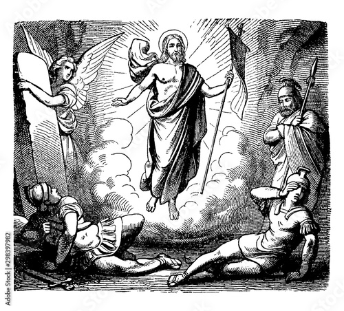 The Resurrection of Jesus after the Angel Removed the Stone from the Tomb Entrance vintage illustration.