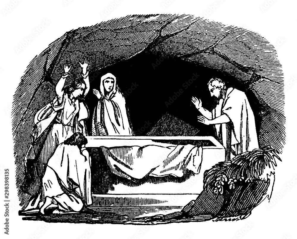 Obraz Peter Finds the Tomb of Jesus Empty vintage illustration.