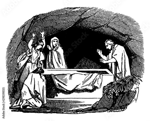 Peter Finds the Tomb of Jesus Empty vintage illustration.