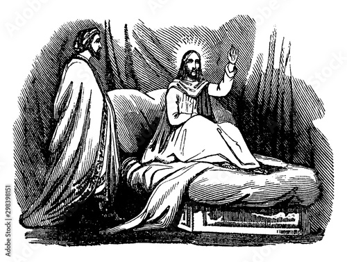 Jesus Teaches Nicodemus about the Kingdom of Heaven vintage illustration. photo