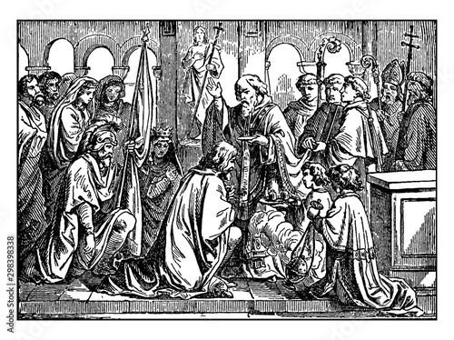 Clovis, King of the Franks, is Baptized by Saint Remigius vintage illustration.