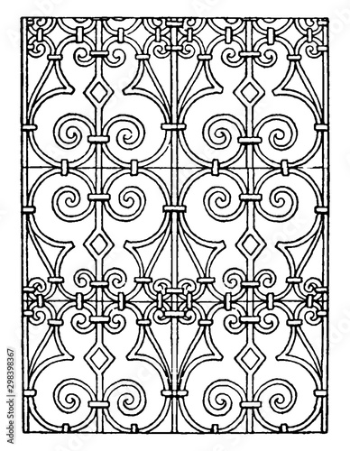 Italian Renaissance Pattern  is a repeating scroll-like ornament between parallel bars, vintage engraving.