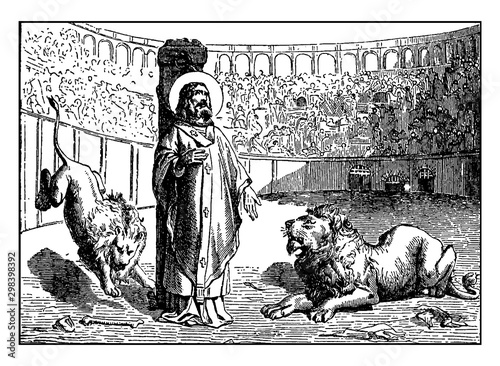 Ignatius of Antioch is Martyred by Being Fed to Lions vintage illustration.