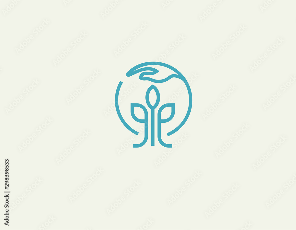 Creative linear blue logo icon image of a plant with leaves and hand in a circle protecting nature Creative linear blue logo icon image of a plant with leaves and hand in a circle protecting nature