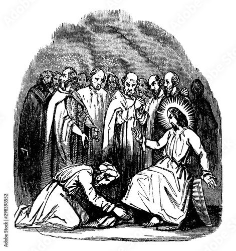 Mary Anoints Jesus at Bethany vintage illustration.