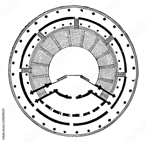 Ground Plan of the Theatre of Herodes Atticus is a stone theatre structure located on the south slope of the Acropolis of Athens, vintage engraving.