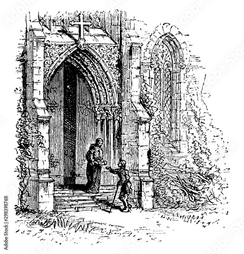 Monastery Gate, monastery,  vintage engraving.