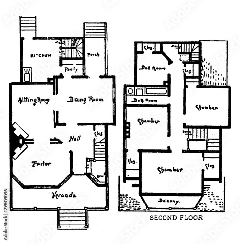 The Bensonhurst Floor Plans, single family home, vintage engraving.