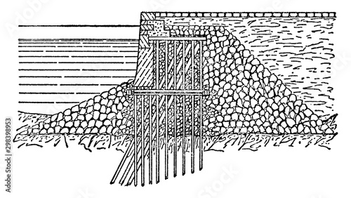 Quay Wall, located in New York, vintage engraving.