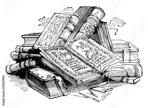 Pile of Books, volume,  vintage engraving.