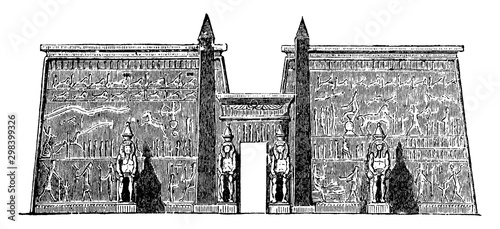 Pylon at the Palace at Luxor, Amun,  vintage engraving.