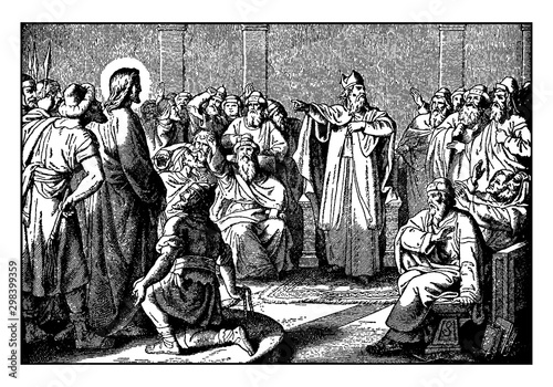 Stampa su tela Jesus Appears Before Caiaphas, the High Priest vintage illustration