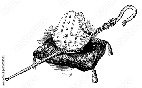 Mitre and Crosier is a type of headgear, vintage engraving.