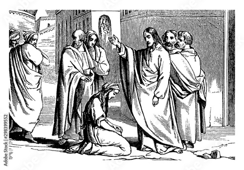 Jesus Tells a Crowd to Cast the First Stone vintage illustration.