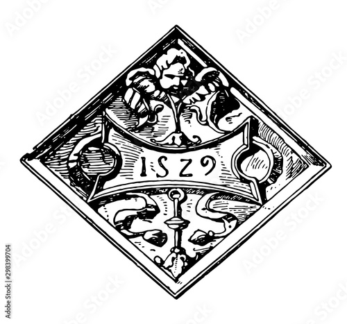 French Architectural Panel constructed in 1529 was a lozenge panel, vintage engraving.
