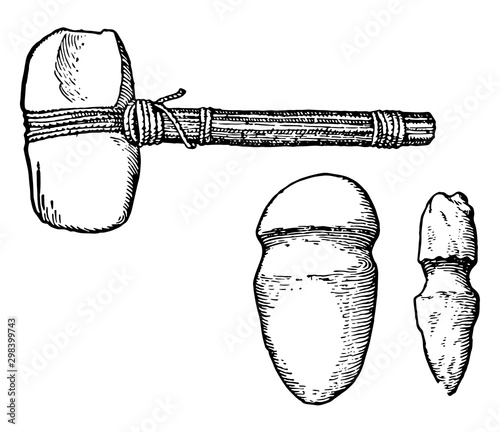 Neolithic Implements Stone Mallets, vintage illustration. photo