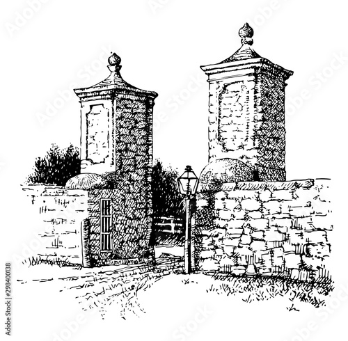St. Augustine, Spanish Gate,  vintage engraving.