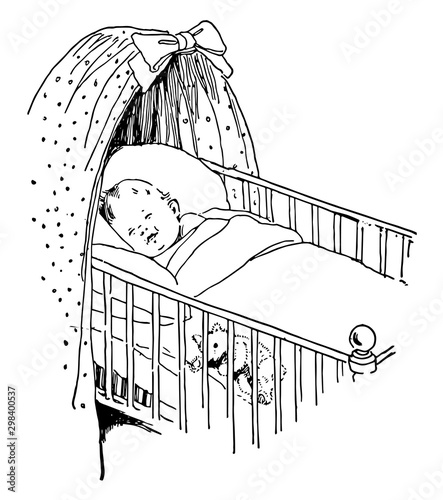 Baby in crib sleeping with a teddy bear, vintage engraving.