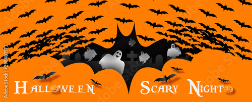 Halloween scary ghosts and graveyard in a giant bat made by masses of flying bats with "HALLOWEEN