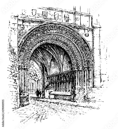 Norman Gateway,  in Bristol, England, vintage engraving.