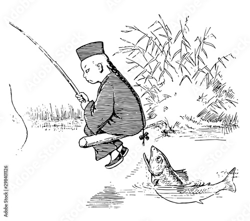 Fishing with Lun Chun Foo 1 vintage illustration.