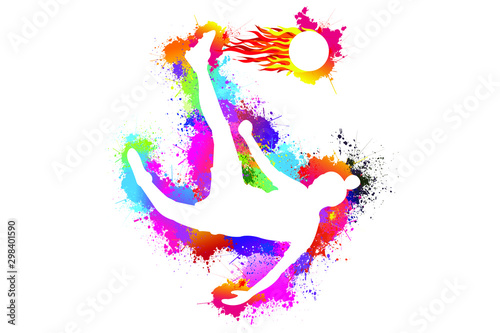 Popular sports, Soccer player kicks the football, Goal, Exercise, Logo, Icon, Symbol, Silhouette, Fire flame, Beautiful colors, drops ink splashes. Vector illustration.