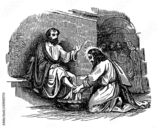 Jesus Washes the Feet of the Simon Peter at the Last Supper vintage illustration.
