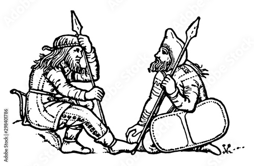 Scythians on a Greek Vase are kneeling and resting, vintage engraving.