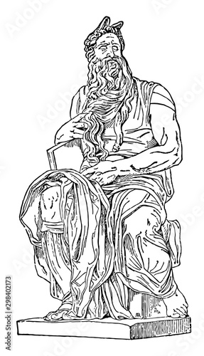 Moses Sculpture is a sculpture by the Italian High Renaissance artist Michelangelo Buonarroti, vintage engraving.
