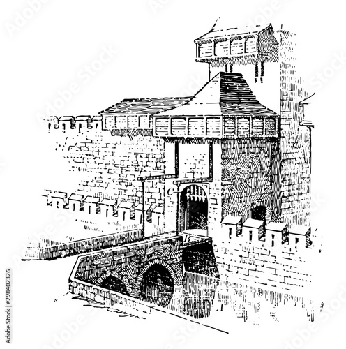 Fortified Gate, parts,  vintage engraving.