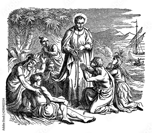 Saint Francis Xavier on the Coast at the Portuguese Settlement of Goa vintage illustration.