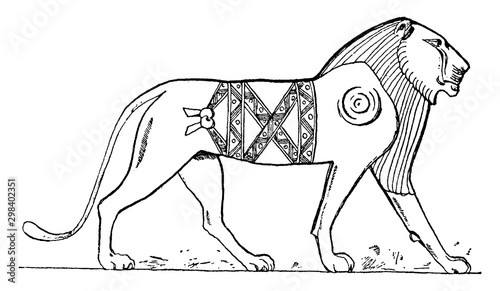 Egyptian Lion is a relief with sunken outlines, vintage engraving.