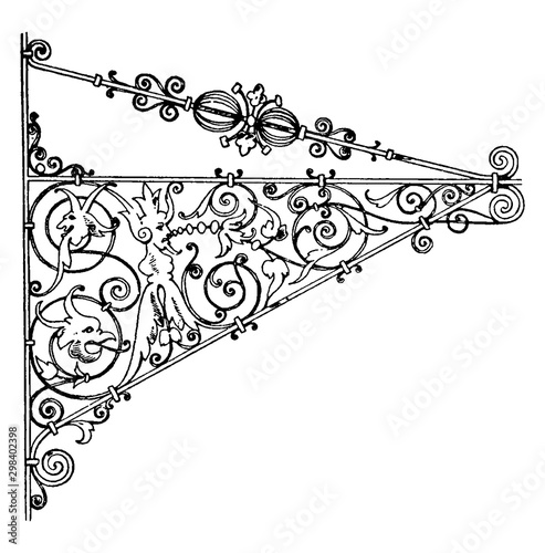 Wrought-Iron Bracket,  natural iron finish,  vintage engraving.